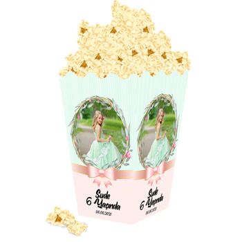 Soft Pembe Kurdele ile Yaprak Çerçeve Temalı Popcorn Kutusu