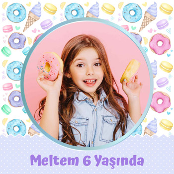 Soft Renklerle Donut Macaron ile Dondurma Temalı Kare Doğum Günü Parti Afiş