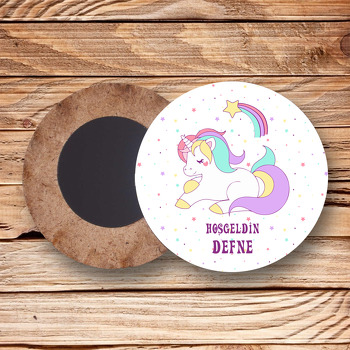 Soft Unicorn ile Yıldızlar Temalı Daire Ahşap Magnet