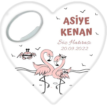 Somon Rengi Flamingo Çift Temalı Kalp Şekilli Magnet Açacak