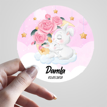 Tavşanlar ile Güllü Ay Pembe Fon Temalı Sticker