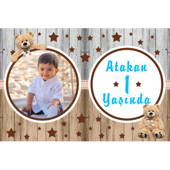 Teddy Ayıcık Çerçeveli Ahşap Fon Temalı Doğum Günü Afiş