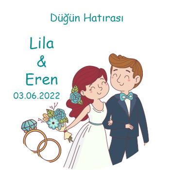 Tektaş ile Yeşil Buketli Gelin Damat Temalı Akrilik Daire Magnet