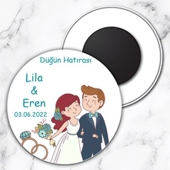 Tektaş ile Yeşil Buketli Gelin Damat Temalı Daire Plastik Magnet