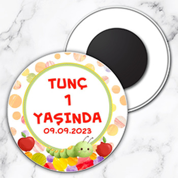 Tırtıl ile Elma Temalı Daire Plastik Magnet