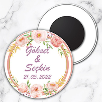 Toz Pembe Güller ile Çift Çizgi Çerçeve Temalı Daire Plastik Magnet