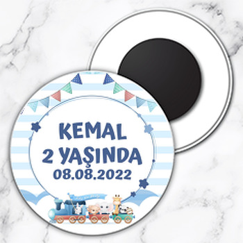 Tren ile Sevimli Hayvanlar Temalı Daire Plastik Magnet