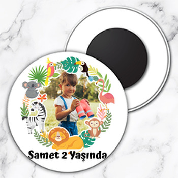 Tropikal Orman ile Hayvanlar Temalı Daire Plastik Magnet