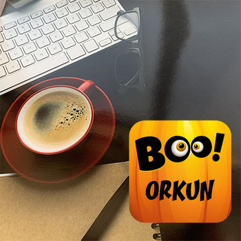 Turuncu Halloween Boo Temalı Bardak Altlığı