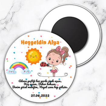 Uğur Böceği ile Kız ve Güneş Temalı Daire Plastik Magnet