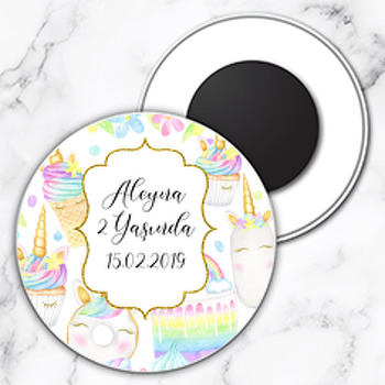 Unicorn Dondurma Temalı Daire Plastik Hediyelik Magnet