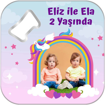 Unicorn İkiz Kız Temalı Kare Magnet Açacak