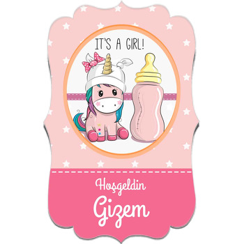 Unicorn ile Biberon Pembe Yıldızlı Fon Temalı Özel Kesim Magnet