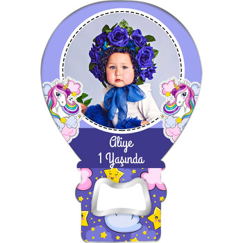 Unicorn ile Yıldızlı Mor Fon Temalı Balon Magnet Açacak