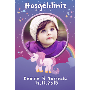 Unicorn Mor Temalı Doğum Günü Afiş