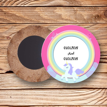 Unicorn Pink  Temalı Ahşap Daire Magnet