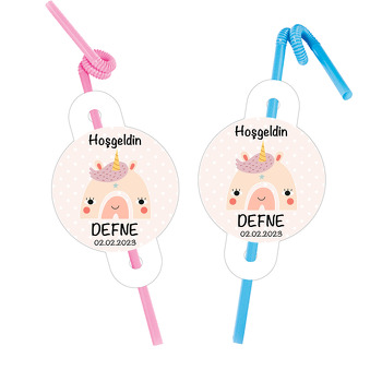 Unicorn Şeklinde Gökkuşağı Temalı Pipet ve Kartı