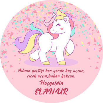 Unicorn ve Konfeti Pembe Fon Temalı Akrilik Daire Magnet