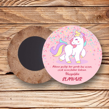 Unicorn ve Konfeti Pembe Fon Temalı Daire Ahşap Magnet