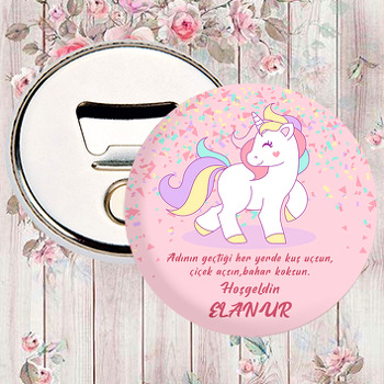 Unicorn ve Konfeti Pembe Fon Temalı Magnet Açacak