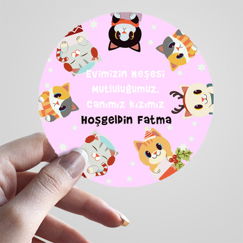 Yeni Yıl Kedileri Pembe Fon Temalı Sticker