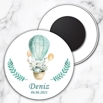 Yeşil Balonla Uçan Tavşan Temalı Daire Plastik Magnet