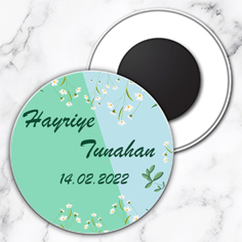 Yeşil Fonda Papatyalar Temalı Daire Plastik Magnet