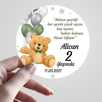 Yeşil ile Silver Balonlu Ayıcık Temalı Sticker