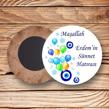 Yeşil Mavi Balonlar ile Nazar Boncuğu Temalı Daire Ahşap Magnet