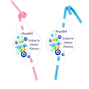 Yeşil Mavi Balonlar ile Nazar Boncuğu Temalı Pipet ve Kartı