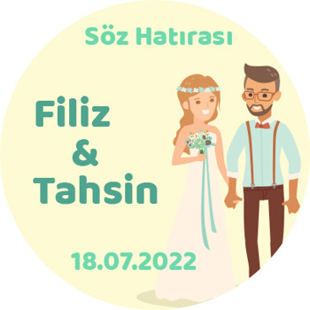 Yeşil Taçlı Gelin ile Damat Temalı Akrilik Daire Magnet