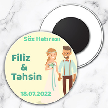 Yeşil Taçlı Gelin ile Damat Temalı Daire Plastik Magnet