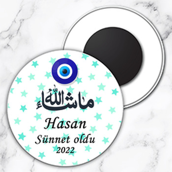 Yeşil Yıldızlar ile Maşallah Sünnet Temalı Daire Plastik Magnet